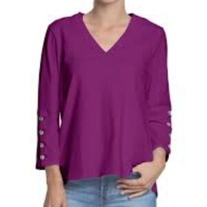 Hinson Wu Christy 3/4 Sleeve Tailored Knit VNeck Tee Shirt Boysenberry Sz S NWT